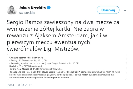 OFICJALNIE! Jest decyzja ws. zawieszenia Ramosa w LM!